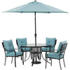 Image of hanover-lavallette-5-piece-4-dining-chairs-round-glass-table-umbrella-and-base