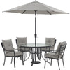 Image of hanover-lavallette-5-piece-4-dining-chairs-round-glass-table-umbrella-and-base