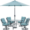 Image of hanover-lavallette-5-piece-4-swivel-dining-chairs-square-glass-table-umbrella-and-base
