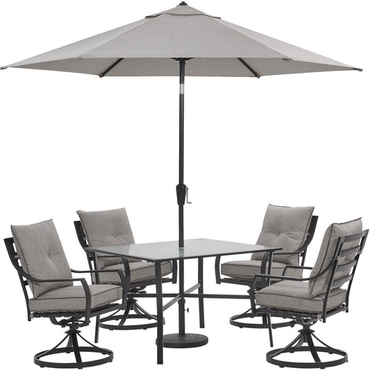 hanover-lavallette-5-piece-4-swivel-dining-chairs-square-glass-table-umbrella-and-base-lavdn5pcsw-slv-su