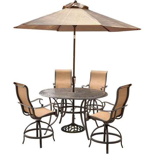 hanover-manor-5-piece-4-sling-counter-height-swivel-chairs-56-inch-round-cast-table-36-inch-height-umbrella-base-mandn5pcbr-su