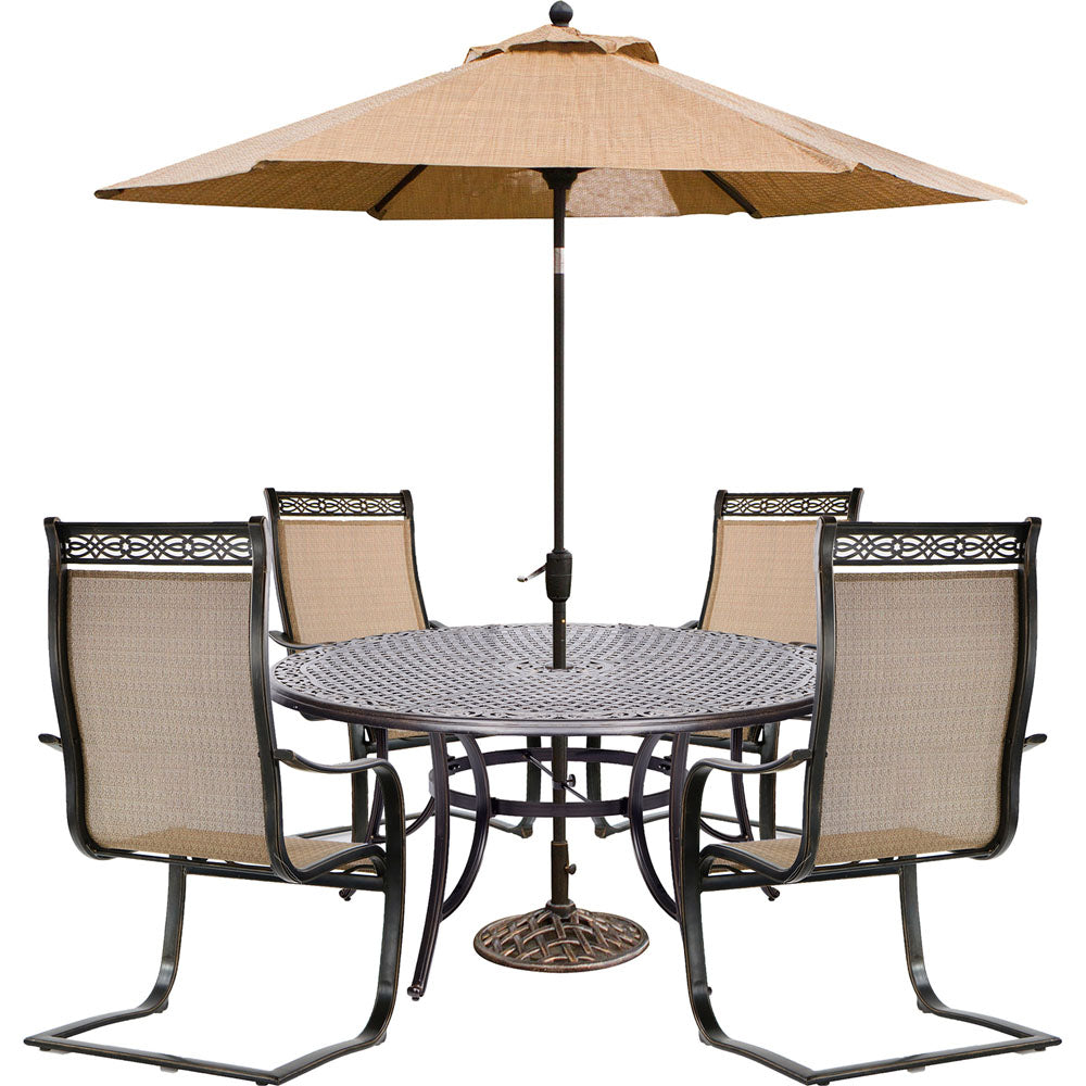 hanover-manor-5-piece-4-spring-sling-chairs-60-inch-round-cast-table-umbrella-base-mandn5pcsprd-su