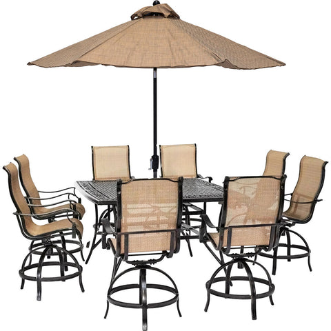 hanover-manor-9-piece-8-counter-height-swivel-sling-chairs-60-inch-square-cast-table-umbrella-and-base-mandn9pcsq-br-su