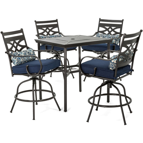 hanover-montclair-5-piece-high-dining-4-swivel-chairs-33-inch-square-high-dining-table-mclrdn5pcbr-nvy