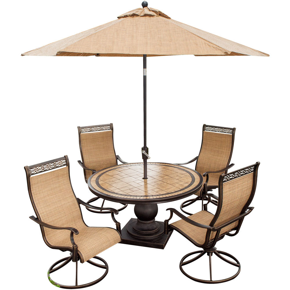 hanover-monaco-5-piece-4-sling-swivel-rockers-51-inch-round-tile-top-table-umbrella-monaco5pcsw-su