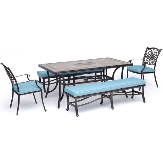 hanover-monaco-5-piece-2-cushion-dining-chairs-2-backless-cushion-bench-chairs-40x68-inch-tile-table-mondn5pcbn-blu