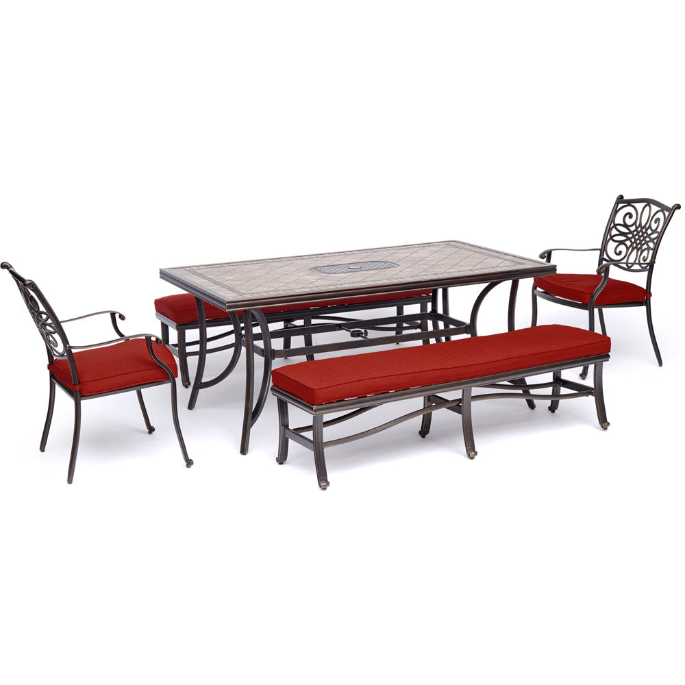 hanover-monaco-5-piece-2-cushion-dining-chairs-2-backless-cushion-bench-chairs-40x68-inch-tile-table-mondn5pcbn-red