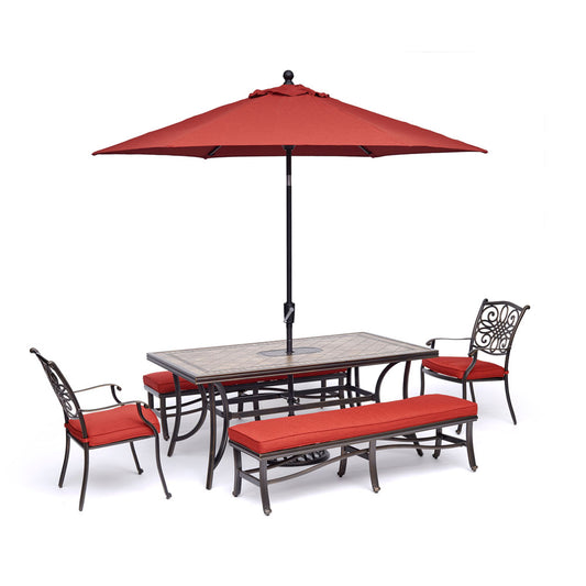hanover-monaco-5-piece-2-cushion-dining-chairs-2-cushion-bench-chairs-40x68-inch-tile-table-umbrella-and-base-mondn5pcbn-red-su