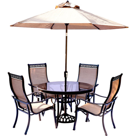 hanover-monaco-5-piece-4-sling-dining-chairs-48-inch-round-glass-top-table-umbrella-base-mondn5pcg-su