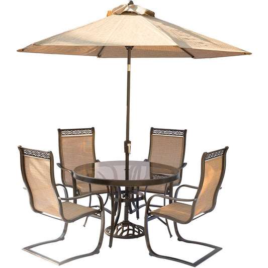 hanover-monaco-5-piece-4-c-spring-chairs-48-inch-round-glass-top-table-umbrella-base-mondn5pcspg-su