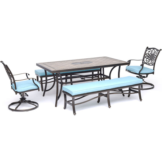 hanover-monaco-5-piece-2-cushion-swivel-rockers-2-cushion-backless-bench-chairs-40x68-inch-tile-top-table-mondn5pcsw2bn-blu