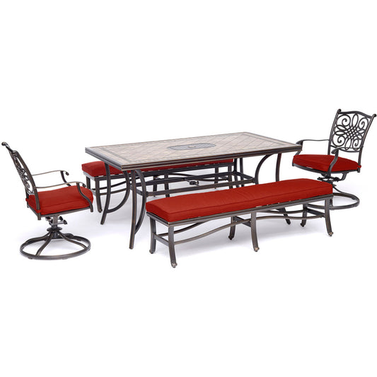 hanover-monaco-5-piece-2-cushion-swivel-chairs-2-backless-cushion-bench-chairs-40x68-inch-tile-table-mondn5pcsw2bn-red