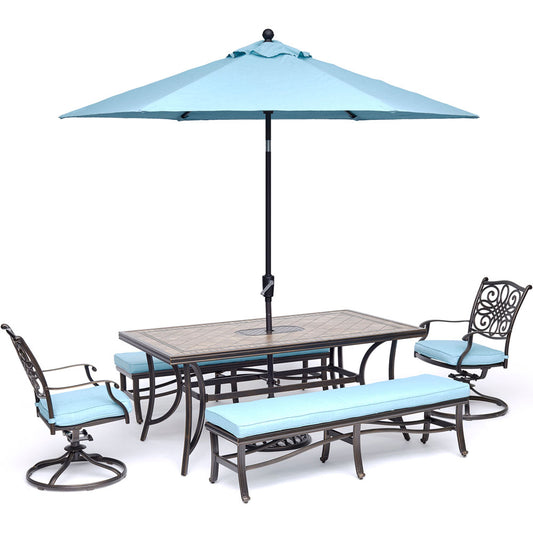 hanover-monaco-5-piece-2-cushion-swivel-rockers-2-cushion-bench-chairs-40x68-inch-tile-top-table-umbrella-base-mondn5pcsw2bn-su-b