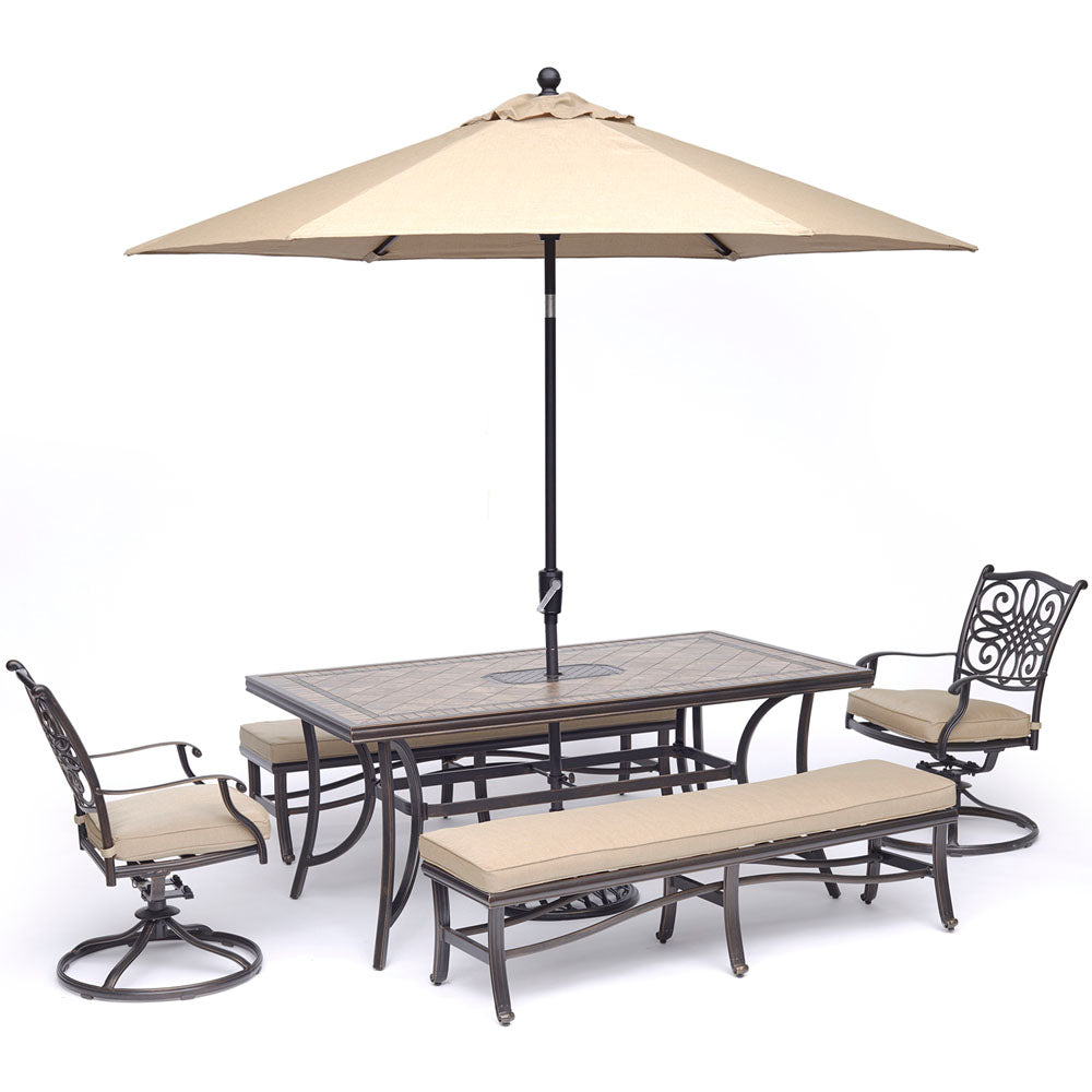 hanover-monaco-5-piece-2-cushion-swivel-rockers-2-cushion-bench-chairs-40x68-inch-tile-top-table-umbrella-base-mondn5pcsw2bn-su-t