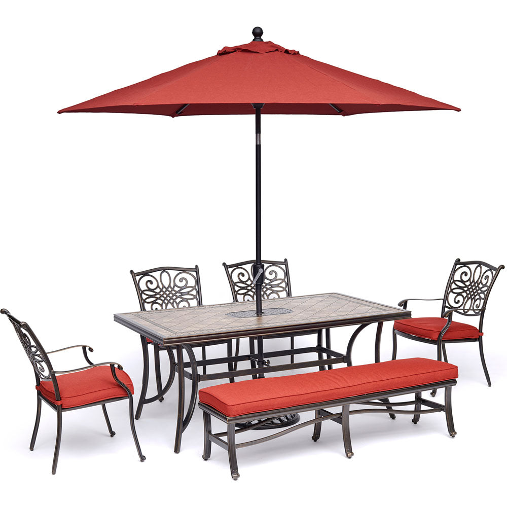 hanover-monaco-6-piece-4-cushion-chairs-1-cushion-bench-chairs-40x68-inch-tile-table-umbrella-and-base-mondn6pcbn-r-su