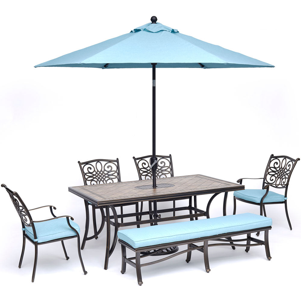 hanover-monaco-6-piece-4-cushion-dining-chairs-backless-cushion-bench-chairs-40x68-inch-tile-table-umbrella-base-mondn6pcbn-su-b