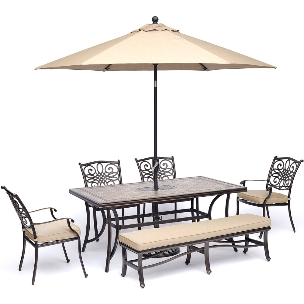 hanover-monaco-6-piece-4-cushion-dining-chairs-backless-cushion-bench-chairs-40x68-inch-tile-table-umbrella-base-mondn6pcbn-su-t
