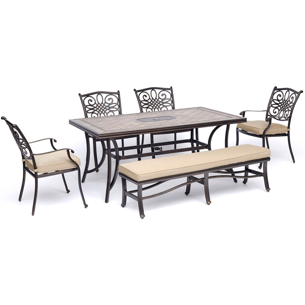 hanover-monaco-6-piece-4-cushion-dining-chairs-backless-cushion-bench-chairs-40x68-inch-tile-table-mondn6pcbn-tan