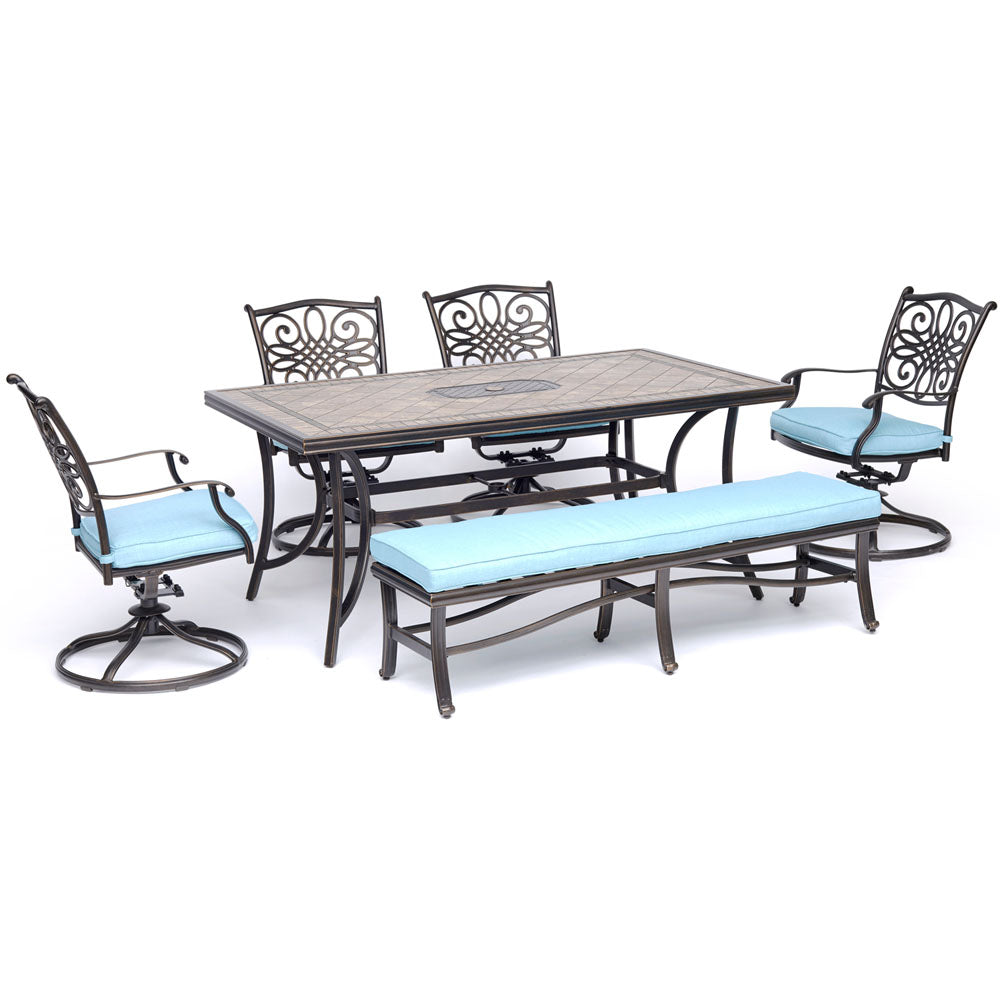 hanover-monaco-6-piece-4-cushion-swivel-rockers-backless-cushion-bench-chairs-40x68-inch-tile-top-table-mondn6pcsw4bn-blu