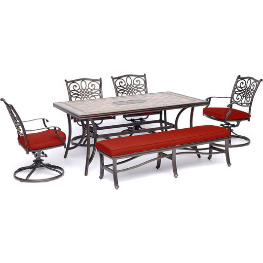 hanover-monaco-6-piece-4-cushion-swivel-dining-chairs-1-backless-cushion-bench-chairs-40x68-inch-tile-table-mondn6pcsw4bn-red