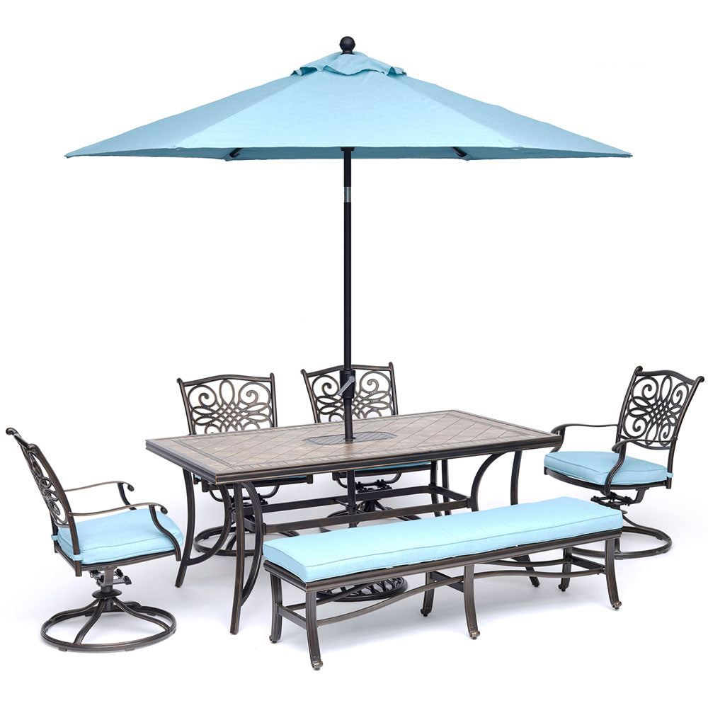 hanover-monaco-6-piece-4-cushion-swivel-rockers-backless-cushion-bench-chairs-40x68-inch-tile-table-umbrella-base-mondn6pcsw4bn-su-b