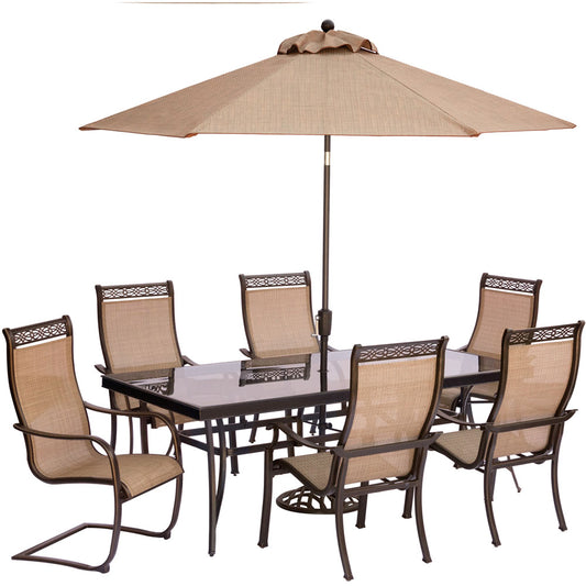 hanover-monaco-7-piece-4-sling-dining-chairs-2-c-spring-chairs-42x84-inch-glass-table-umbrella-base-mondn7pcsp2g-su