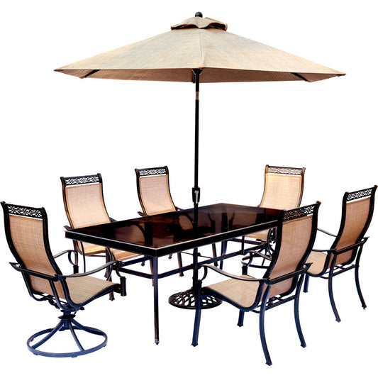 hanover-monaco-7-piece-4-sling-dining-chairs-2-sling-swivel-rockers-42x84-inch-glass-table-umbrella-base-mondn7pcsw2g-su