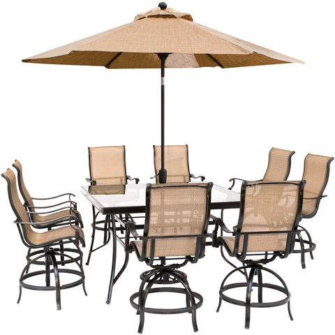 hanover-monaco-9-piece-8-counter-height-swivel-sling-chairs-60-inch-square-glass-table-umbrella-and-base-mondn9pcbrsqg-su