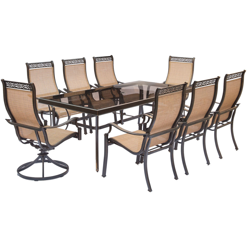 hanover-monaco-9-piece-6-sling-dining-chairs-2-sling-swivel-rockers-42x84-inch-glass-table-mondn9pcsw2g
