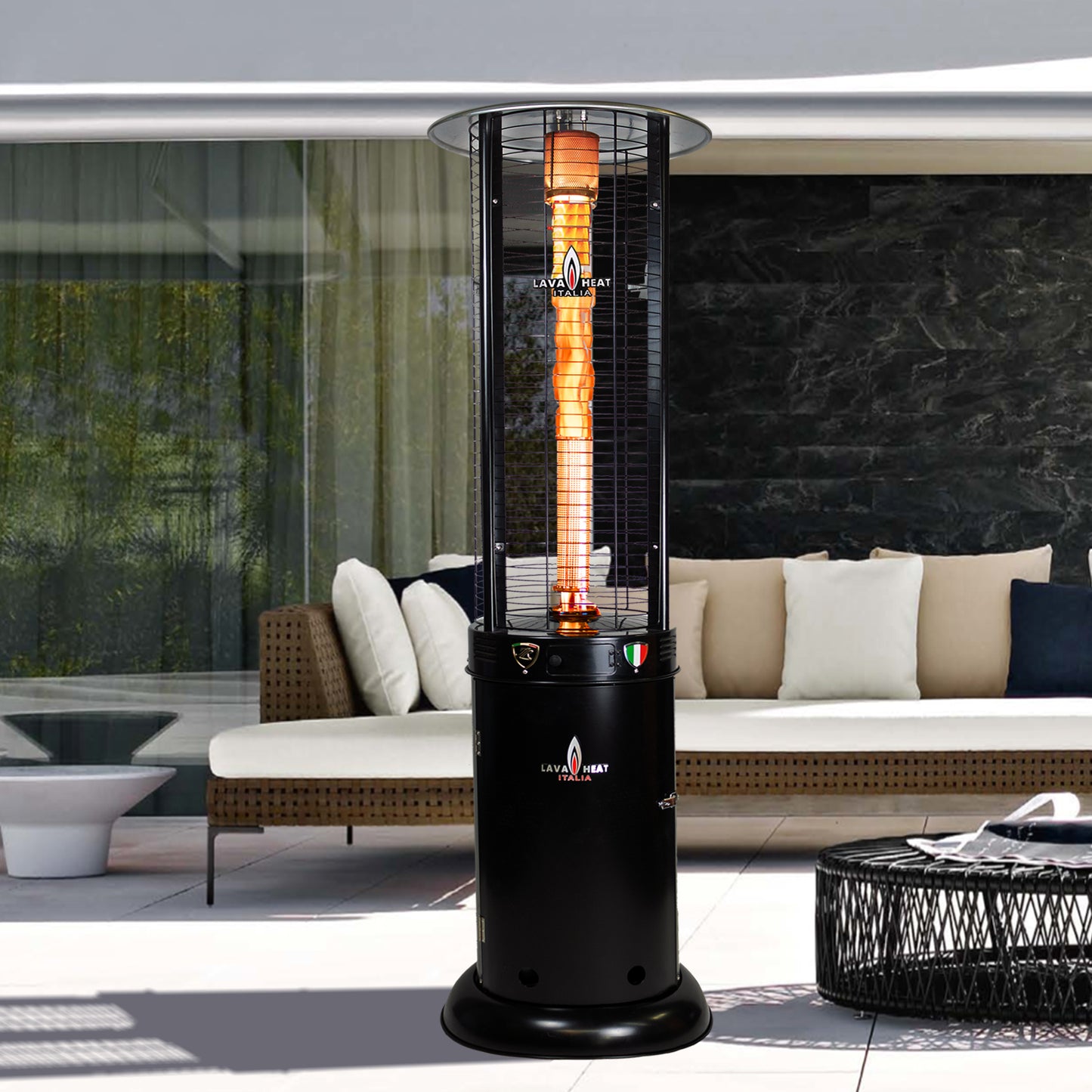 Lava Heat Opus Round Flame Tower Heater 80.5-inch 56 K BTU Remote Control Push Button Ignition Hammered Black Natural Gas - ASSEMBLED