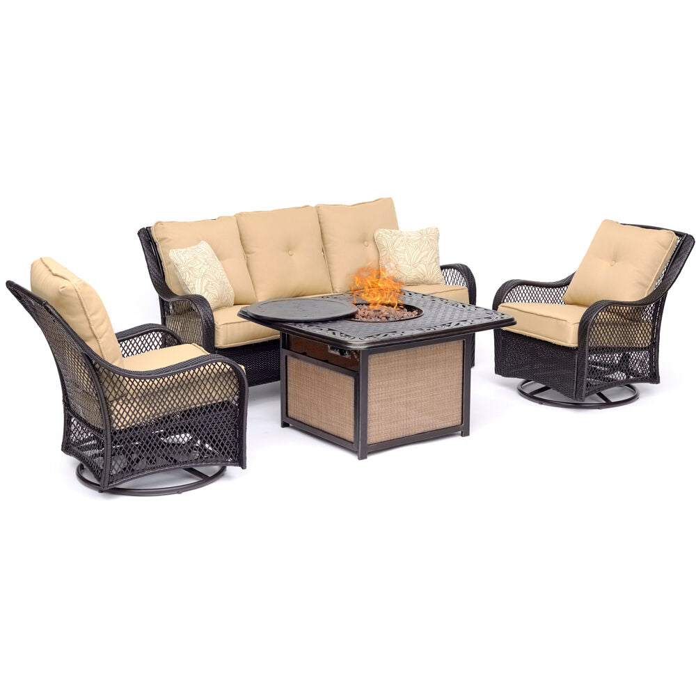 hanover-orleans-4-piece-fire-pit-sofa-2-cushioned-swivel-rockers-cast-top-fire-pit-orl4pccfpsw2-tan