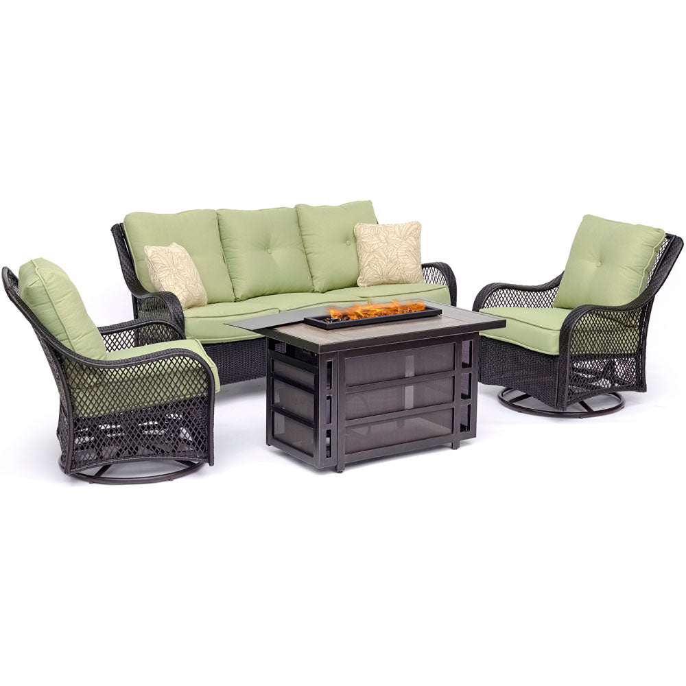 hanover-orleans-4-piece-fire-pit-2-swivel-gliders-sofa-rectangle-kd-fire-pit-with-tile-orl4pcrecfp-grn