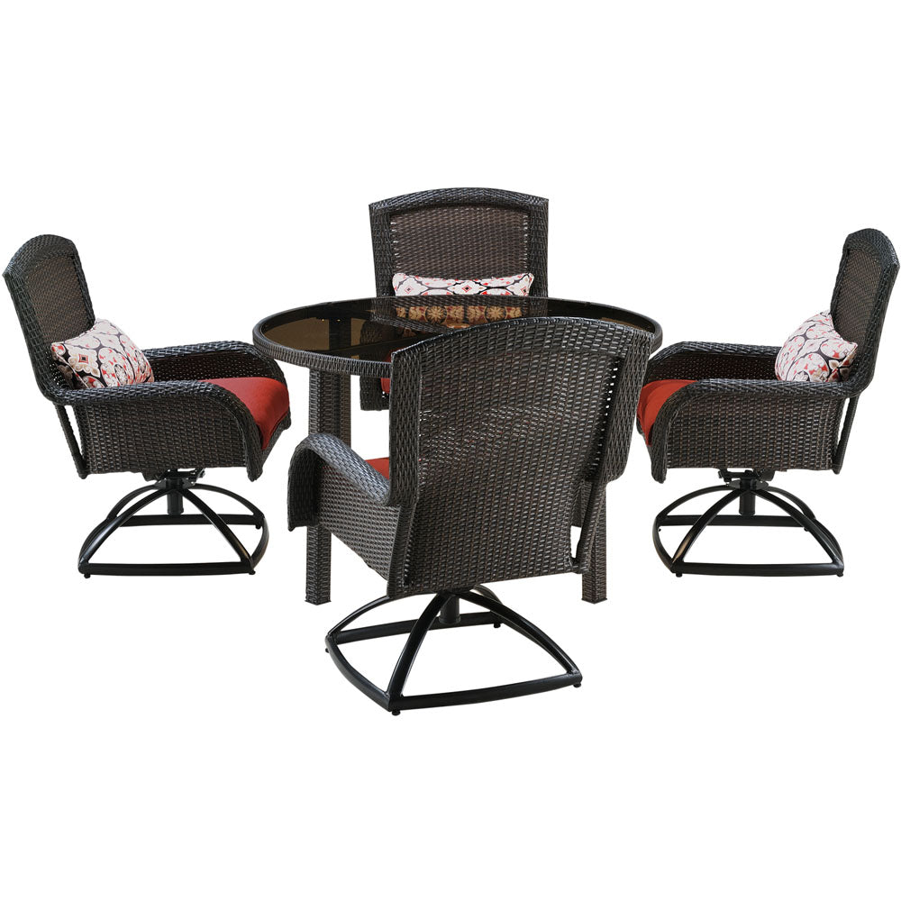 hanover-strathmere-5-piece-dining-set-4-swivel-chairs-1-rd.-woven-table-with-glass-top-stradn5pcsw-red