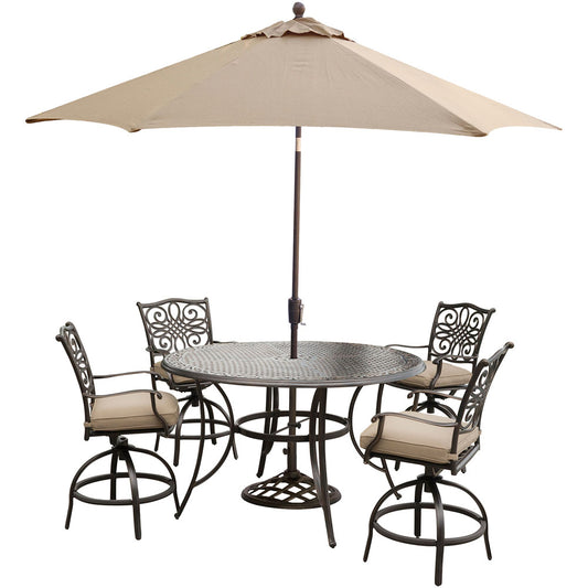 hanover-traditions-5-piece-4-counter-height-swivel-chairs-56-inch-round-cast-table-36-inch-height-umbrella-base-traddn5pcbr-su