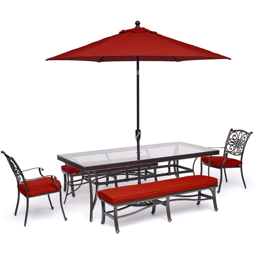 hanover-traditions-5-piece-2-dining-chairs-2-backless-bench-chairs-42x84-inch-glass-table-umbrella-base-traddn5pcgbn-su-r