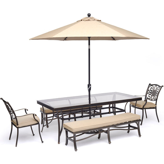 hanover-traditions-5-piece-2-dining-chairs-2-backless-bench-chairs-42x84-inch-glass-table-umbrella-base-traddn5pcgbn-su-t