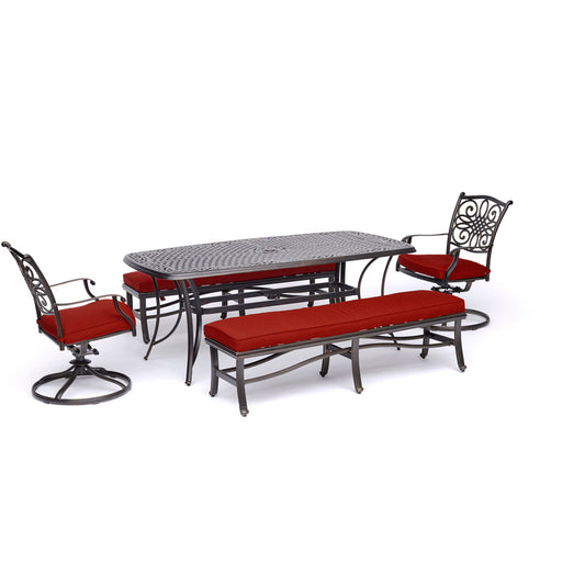 hanover-traditions-5-piece-2-swivel-rockers-2-backless-benches-38x72-inch-cast-table-traddn5pcsw2bn-red