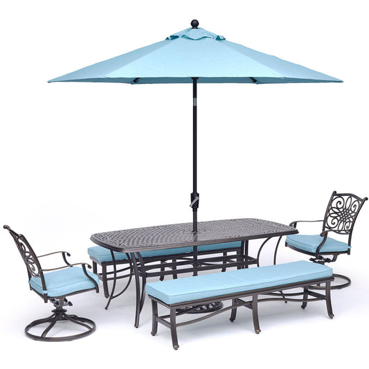 hanover-traditions-5-piece-2-swivel-rockers-2-backless-bench-chairs-38x72-inch-cast-table-umbrella-base-traddn5pcsw2bn-su-b