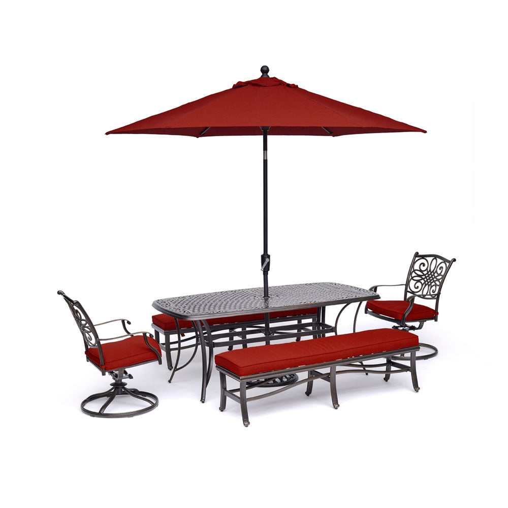 hanover-traditions-5-piece-2-swivel-rockers-2-backless-bench-chairs-38x72-inch-cast-table-umbrella-base-traddn5pcsw2bn-su-r