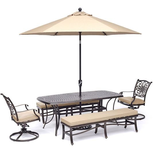hanover-traditions-5-piece-2-swivel-rockers-2-backless-bench-chairs-38x72-inch-cast-table-umbrella-base-traddn5pcsw2bn-su-t