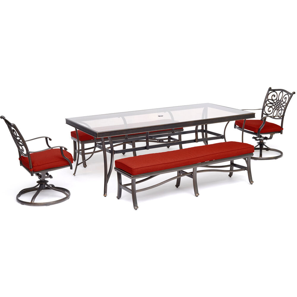 hanover-traditions-5-piece-2-swivel-rockers-2-backless-benches-42x84-inch-glass-top-table-traddn5pcsw2gbn-red