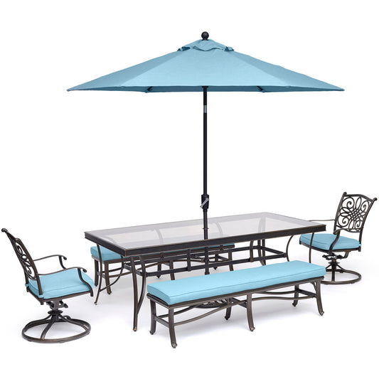 hanover-traditions-5-piece-2-swivel-rockers-2-backless-bench-chairs-42x84-inch-glass-table-umbrella-base-traddn5pcsw2gbn-su-b