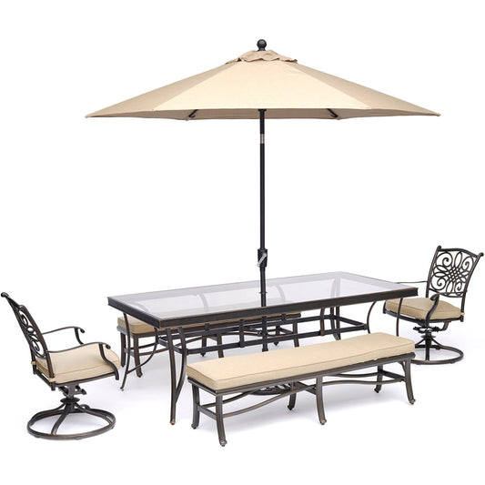 hanover-traditions-5-piece-2-swivel-rockers-2-backless-bench-chairs-42x84-inch-glass-table-umbrella-base-traddn5pcsw2gbn-su-t