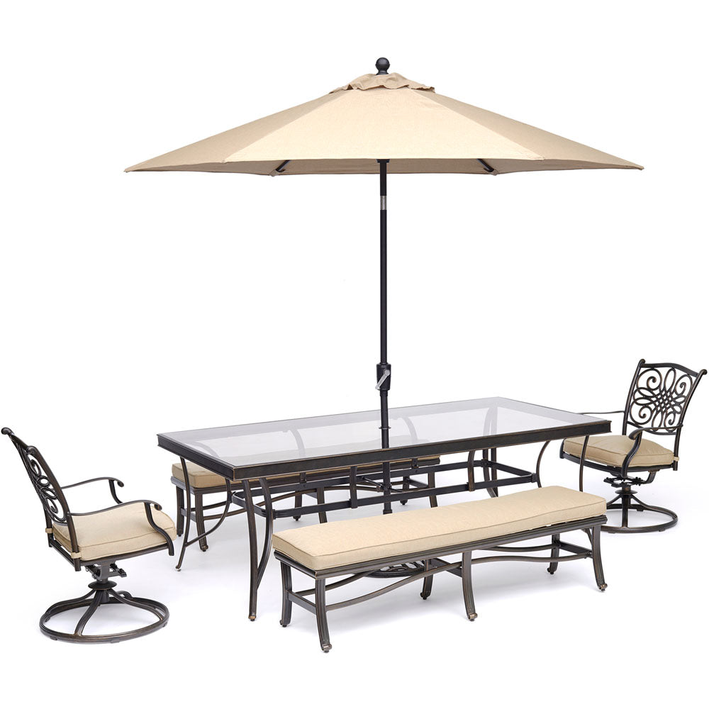 hanover-traditions-5-piece-2-swivel-rockers-2-backless-bench-chairs-42x84-inch-glass-table-umbrella-base-traddn5pcsw2gbn-su-t