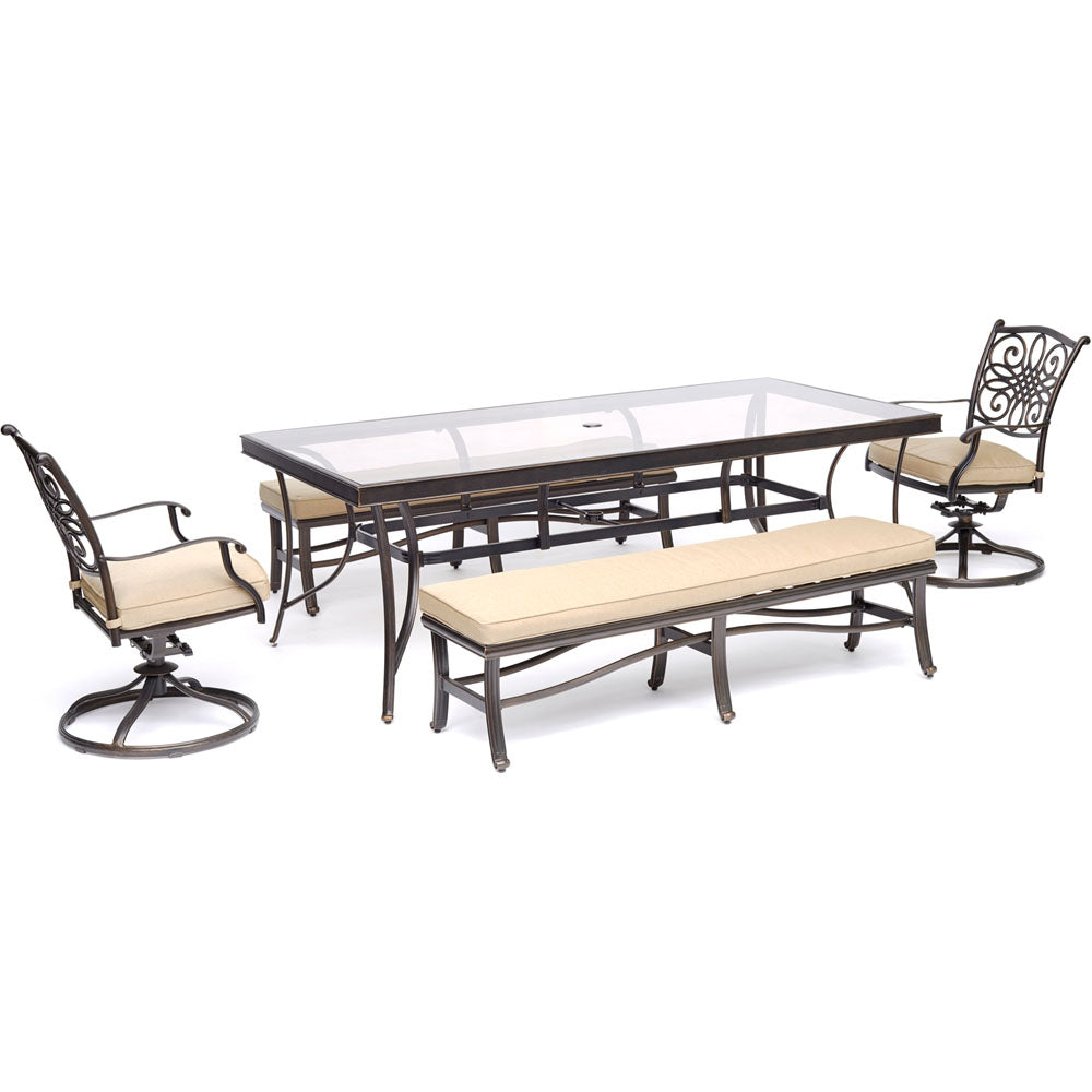 hanover-traditions-5-piece-2-swivel-rockers-2-backless-benches-42x84-inch-glass-top-table-traddn5pcsw2gbn-tan