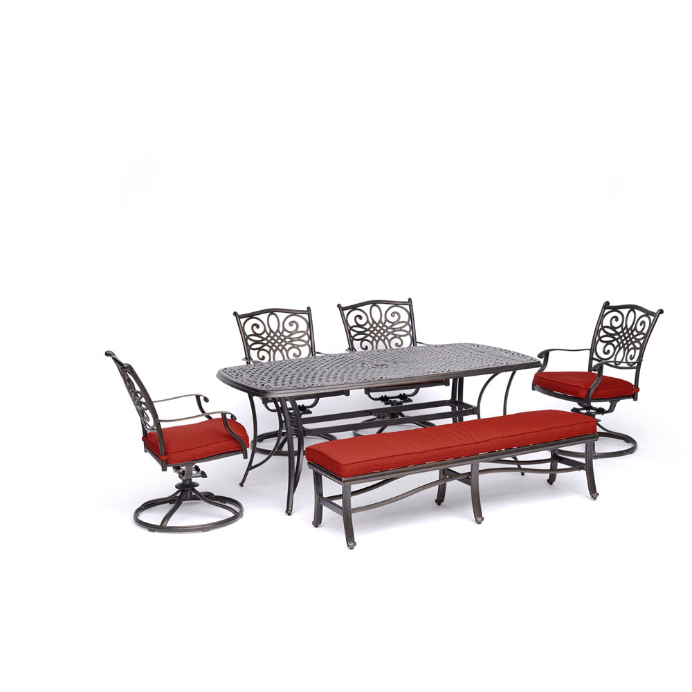 hanover-traditions-6-piece-4-swivel-rockers-backless-bench-chairs-38x72-inch-cast-table-traddn6pcsw4bn-red