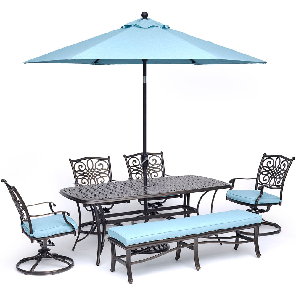 hanover-traditions-6-piece-4-swivel-rockers-backless-bench-chairs-38x72-inch-cast-table-umbrella-base-traddn6pcsw4bn-su-b