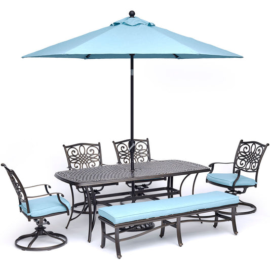 hanover-traditions-6-piece-4-swivel-rockers-backless-bench-chairs-38x72-inch-cast-table-umbrella-base-traddn6pcsw4bn-su-b