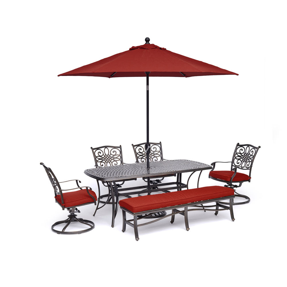 hanover-traditions-6-piece-4-swivel-rockers-backless-bench-chairs-38x72-inch-cast-table-umbrella-base-traddn6pcsw4bn-su-r