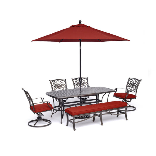 hanover-traditions-6-piece-4-swivel-rockers-backless-bench-chairs-38x72-inch-cast-table-umbrella-base-traddn6pcsw4bn-su-r